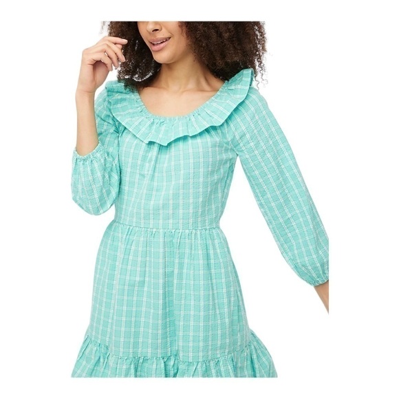 NWT! J. Crew Seersucker Ruffle Neck Mini Dress in Radiant Aqua. Size 10. - Picture 4 of 14